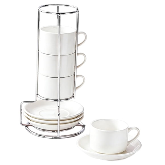 4 tazas de café de cerámica con platillo y rejilla, tazas de café con leche multifuncionales Blanco