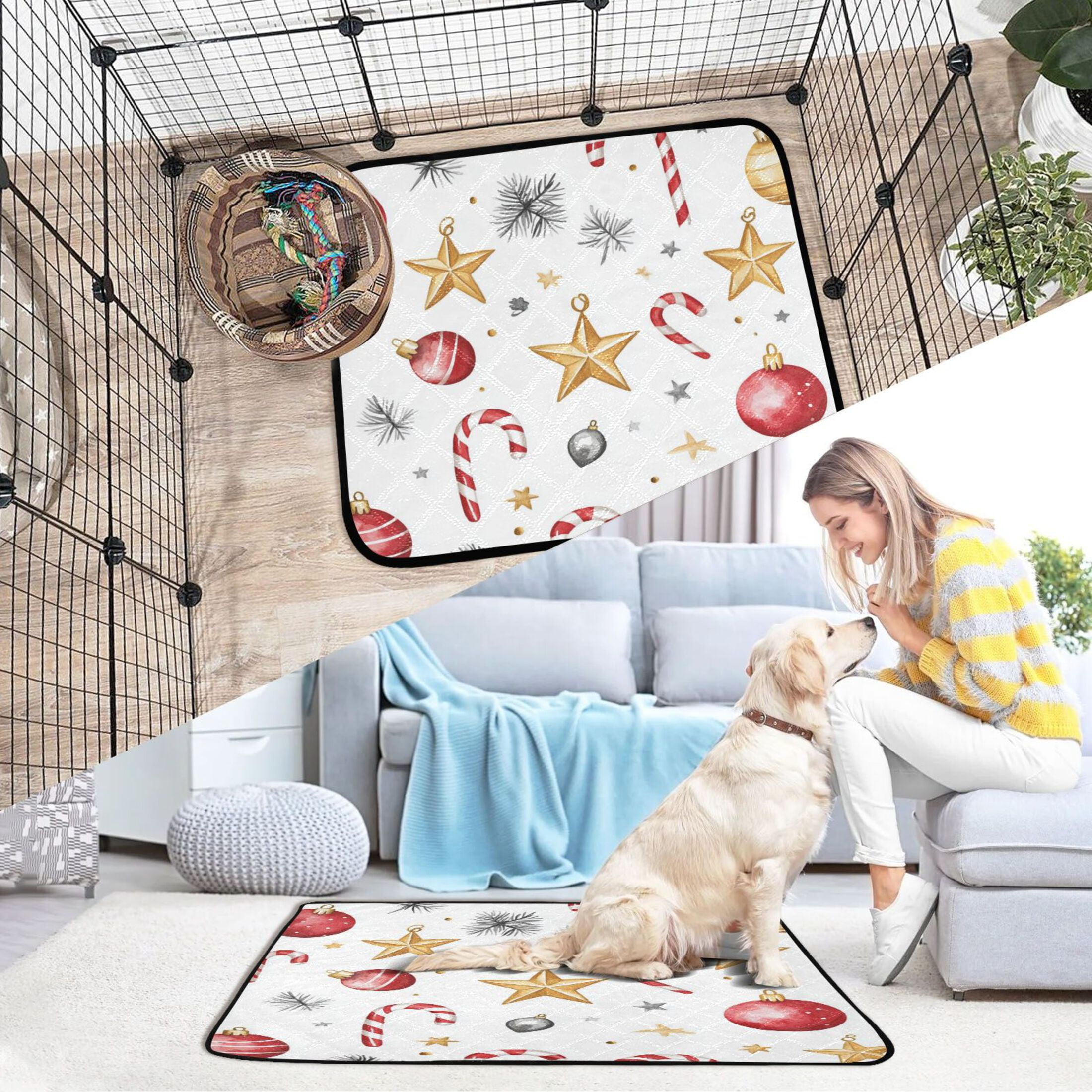 Qxltty A Pattern with Watercolor Christmas Ornaments Cat litter Pads Pet Set of 3 Diaper Mats Center Anti-leakage Layer Absorbent Soft and Comfortable