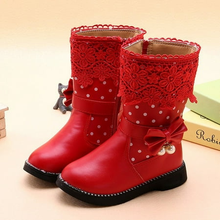 

Girls Waterproof Lace Bowknot Side Zipper Faux Fur Boots For Winter