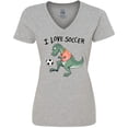 thumbnail image 3 of Inktastic I Love Soccer-Dinosaur in Orange Women's V-Neck T-Shirt, 3 of 5