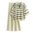 thumbnail image 2 of Brilliant Two Piece Outfits Women Plus Size Fall Women's Casual Long Sleeve Round Neck Sweater Sets Knitted Stripe Tops Long Pants Suits Beige Free Size, 2 of 3