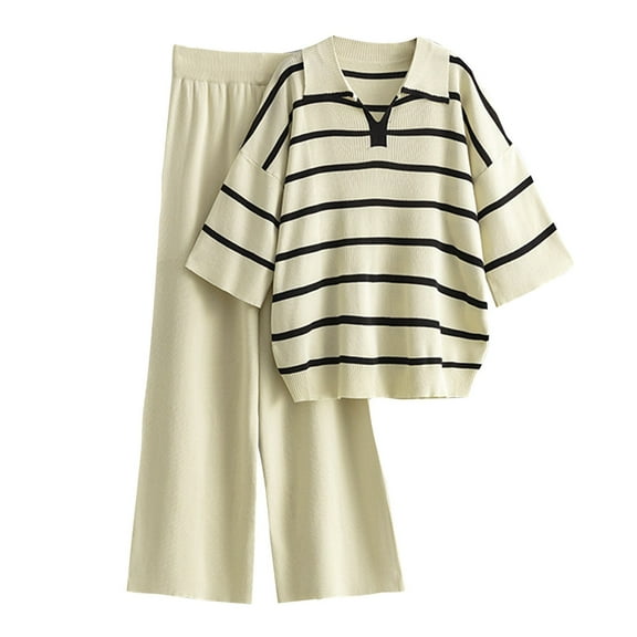 Scyoekwg Womens 2 Piece Outfits Casual Striped Sweatsuits Sets Loose Trendy Tracksuit Short Sleeve Round Neck Tops Wide Leg Pants Matching Sets (Beige,Free Size)