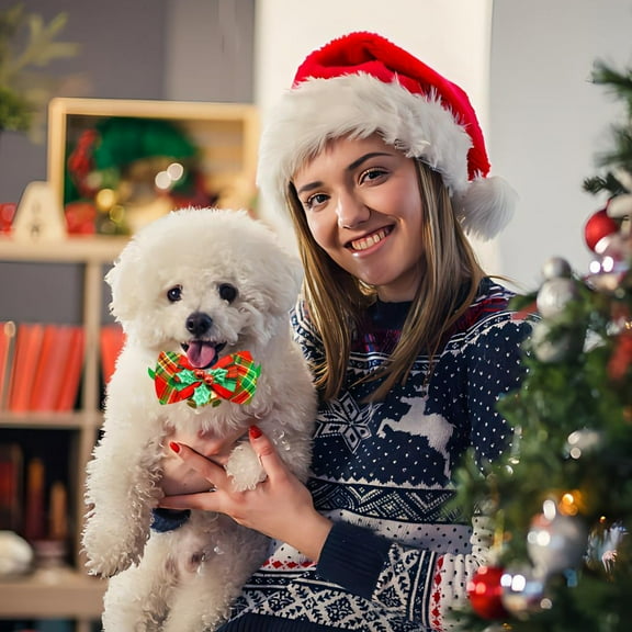Nebwoak Christmas Dog Bow Tie - Mini 3.15" Soft Skin-Friendly Fabric, Adjustable Elastic Buckle Holiday Pet Costume Accessory
