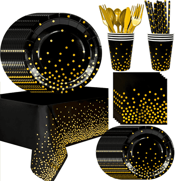 Black and Gold Party Decorations Tableware,193pcs Black Gold Polka Dot Tableware Set - Black and Gold Paper Plates&Black Golden Dot Paper Cups&Black and Gold Table Cover