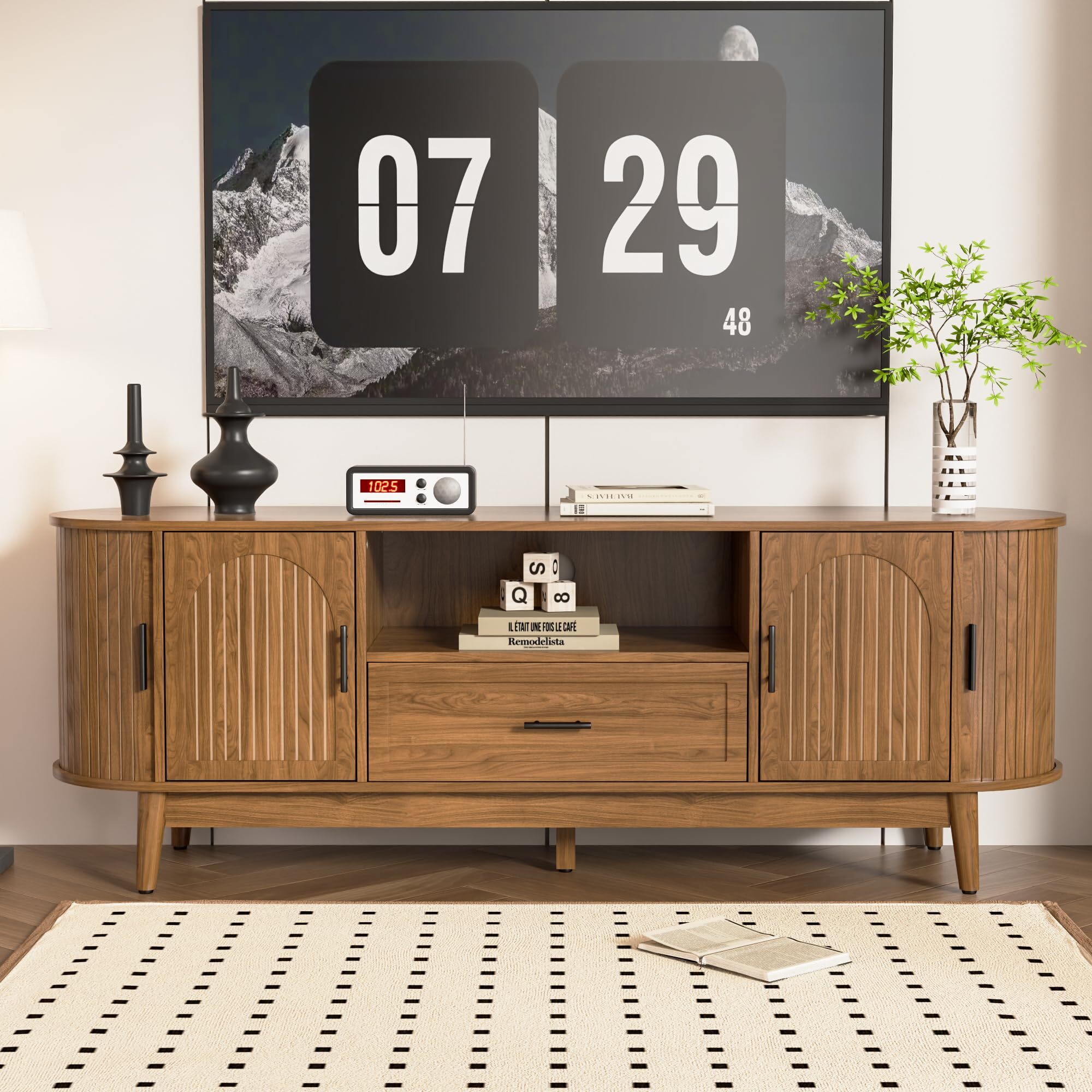 63" Fluted TV Stand for 70" TVs, Mid-Century Entertainment Center with Drawers & Sliding Doors, Curved Media Console