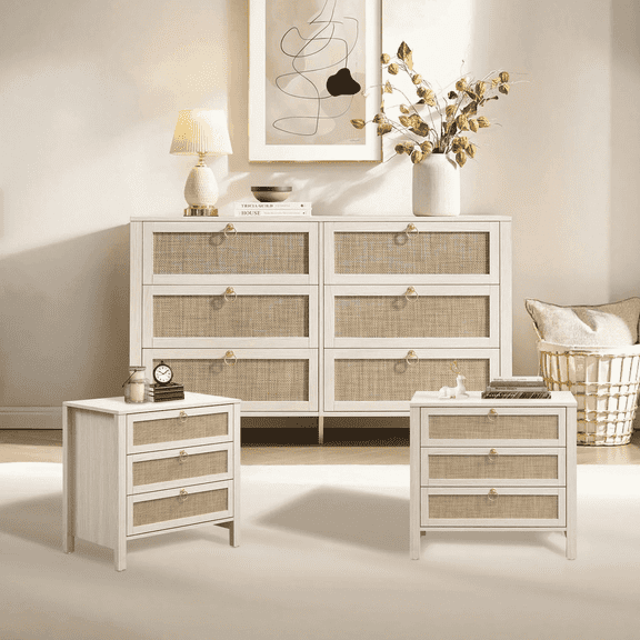 SICOTAS White Dresser and Nightstand Set, 6-Drawer Dresser & 3-Drawer Nightstands 3-Piece Boho Bedroom Furniture Set with Farmhouse Rattan Design & Gold Handles, White Cream Oak