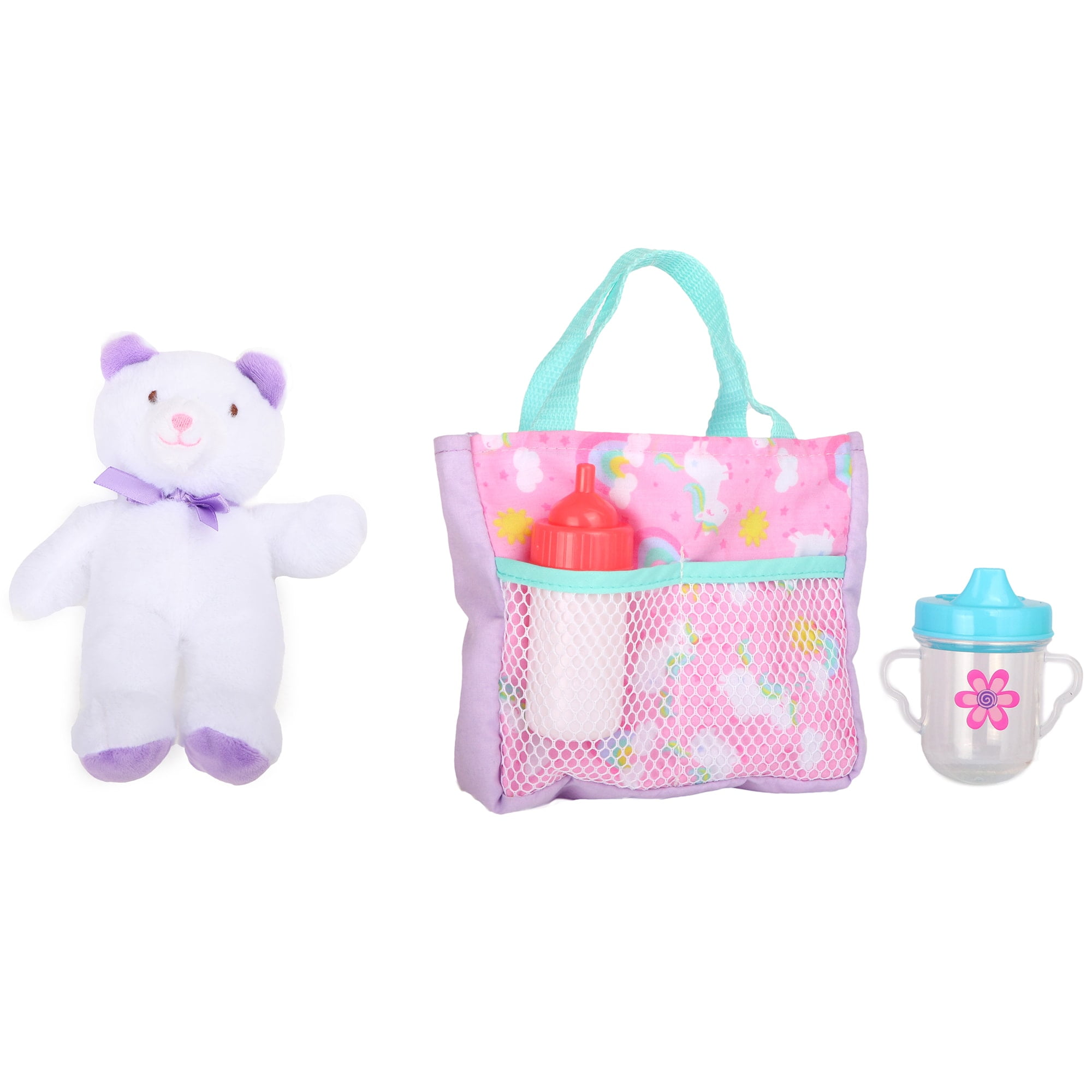 Dream Collection: Deluxe 16" Baby Doll Traveling Set - Unicorn, Grey-Pink-Green - Plush Bear, Bag &Toy Care Accessories, Bassinet & Carrier, Kids 2+