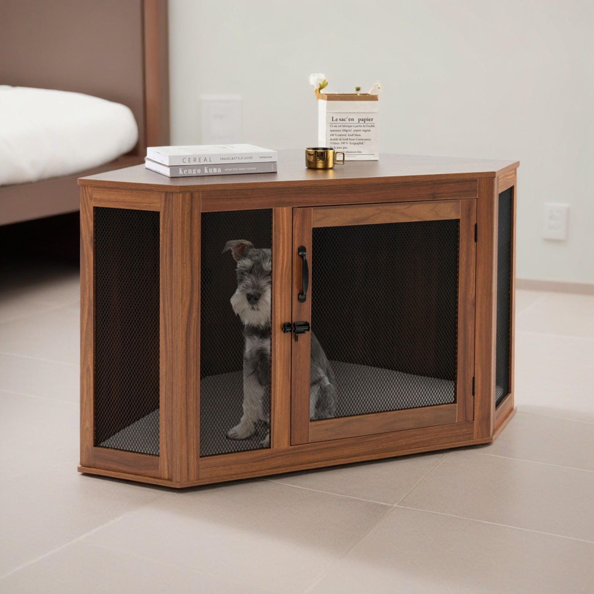 Kadyn 45" Dog Crate Furniture for Small Dogs with Door Lock and Cushion, Corner Fence Dog Cage for Indoor Dogs, Brown