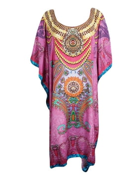Mogul Women's Pink Jewel Print Caftan Scoop Neck Resort Wear Beach Cover Up Kaftan Dress 3X