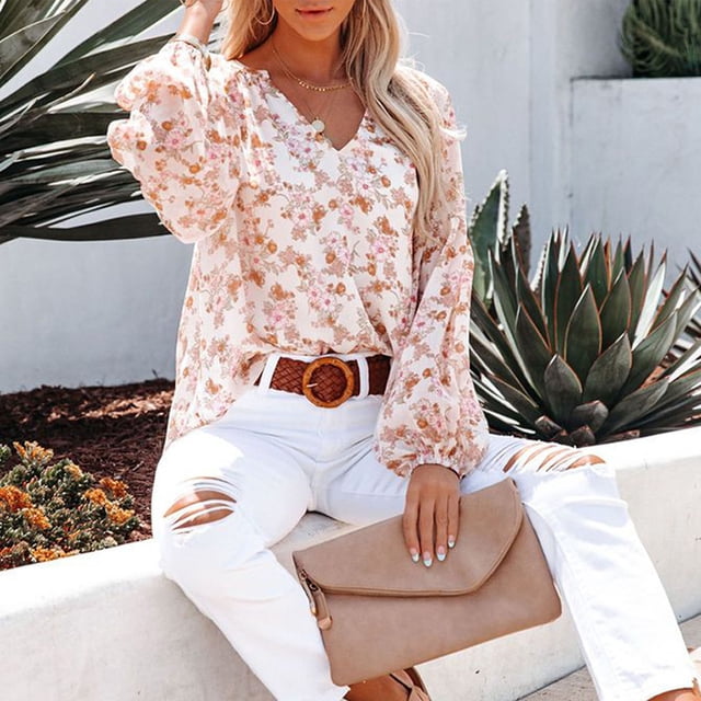 Blusa casual de manga larga para mujer,Blusa de gasa con cuello en V Tops de manga larga para mujer Tops de manga acampanada para mujer Altamente recomendado