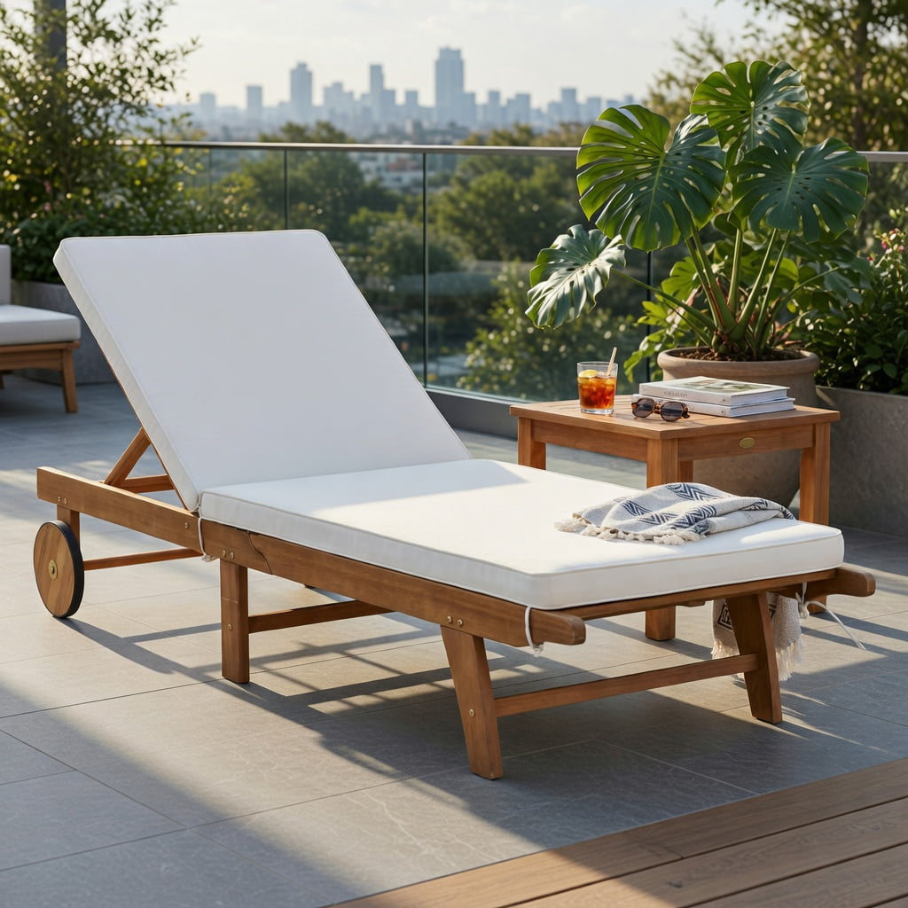 Hommoo Eucalyptus Wood Outdoor Chaise Lounge Chair with Cushion, 5-Position Reclining Patio Lounger, Foldable & Wheeled for Poolside, Garden & Deck, White