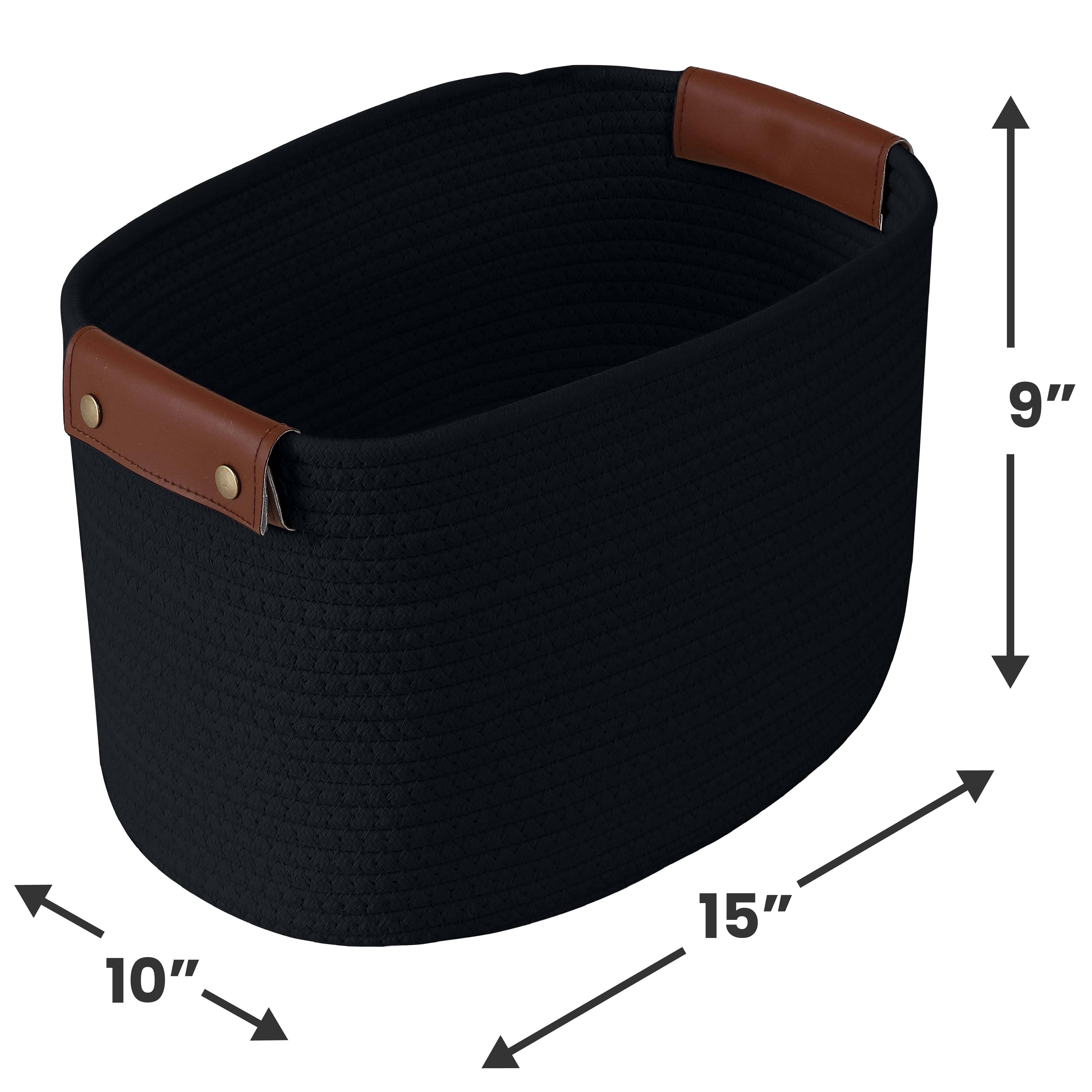 3 Pack Woven Cotton Rope Shelf Storage Basket with Leather Handles, Baby Nursery Storage Bin Organizers, Closet Shelf Storage - 15 x 10 x 9