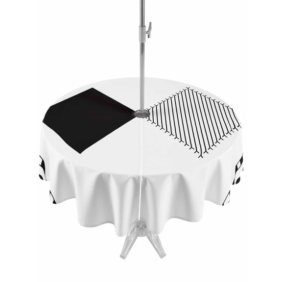 Outdoor Tablecloth with Umbrella Hole for Patio/Picnic/Party/Camping, Black White Geometric Waterproof Table Cloth Round Cover Washable, Boho Stripes Abstract Simple Art (Dia 60")