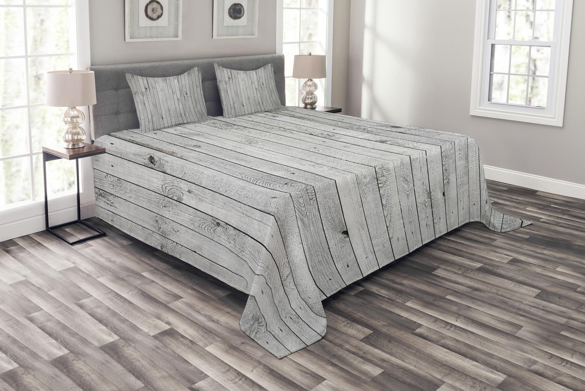 Grey and White Bedspread Set Queen Size, Vertical Lines Wooden Board