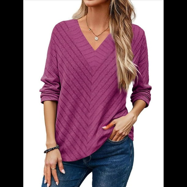 Camisa de Larga de Otoño para Mujer, Cuello en V, Jersey de Punto, Túnica, Camisa Formal Informal para Mujer Rosa Roja XXL