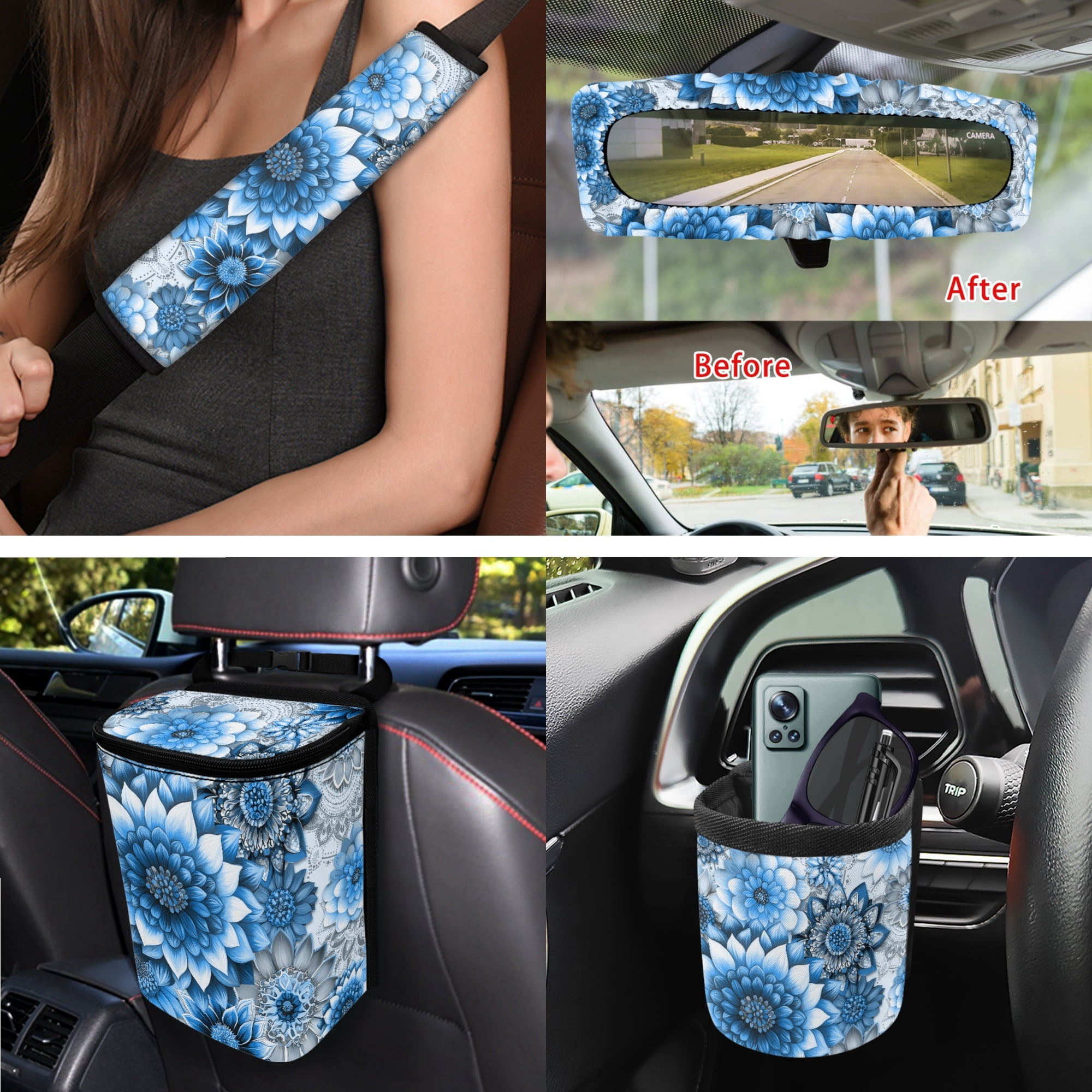Yuyamidu Blue Dahlia Car Seat Cover Set of 15 Flower Steering Wheel Cover Auto Seat Belt Strap Pad Cup Mat Trash Bag Air Vent Organizer Rear View Mirror Protector Wristlet Keychain