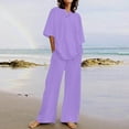 thumbnail image 2 of Feancey Vacation Outfits for Women 2 Piece Set Linen Short Sleeve V Neck Top and Elastic Waist Pant Lounge Sets Solid Color Loose Travel Outfit with Pockets Purple 3XL, 2 of 6