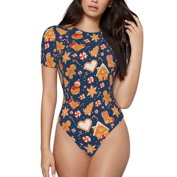 Balery Gingerbread Delights Body de cuello redondo de manga corta para mujer Tops de manga corta Tops básicos-Large