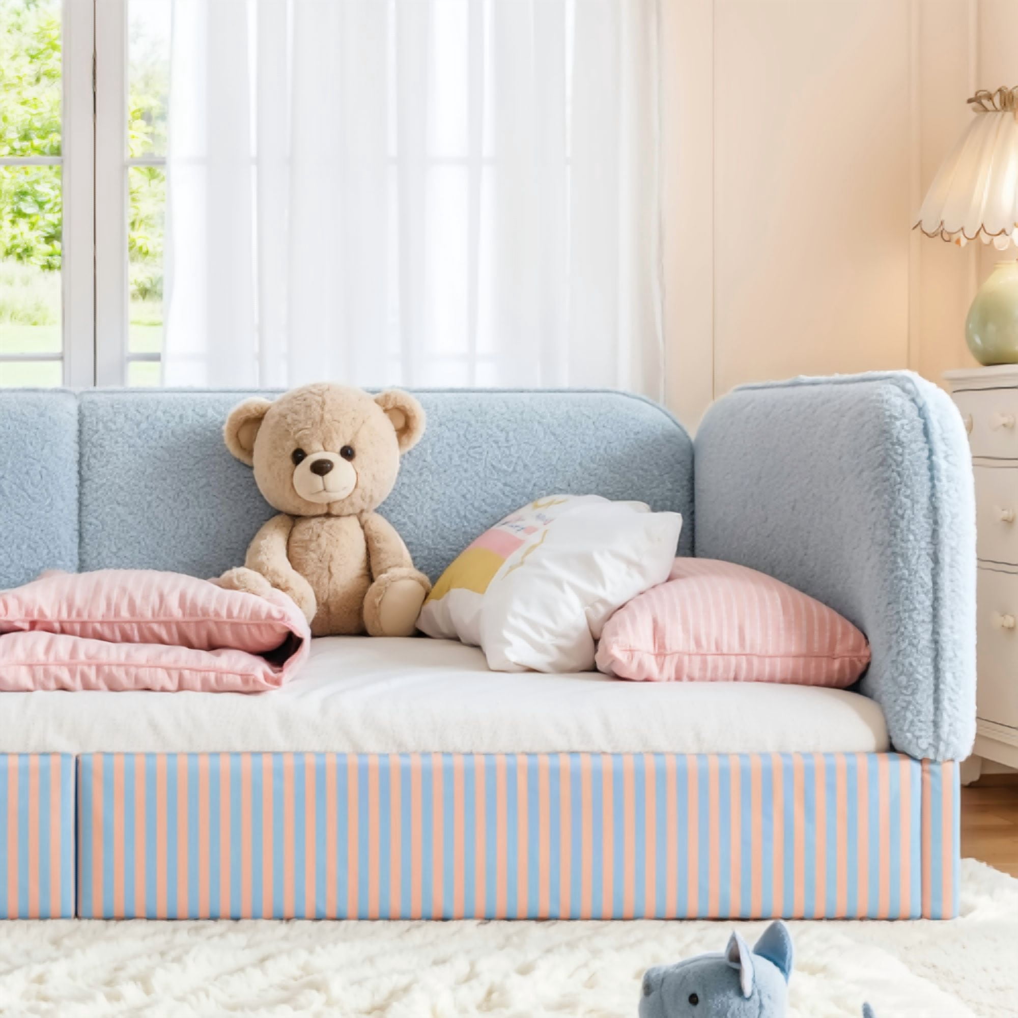 Full Size Upholstered Teddy Fleece Floor Bed Frame, Half-Enclosed Montessori Low Profile Platform Bed with Full-Perimeter Guardrails for Kids, Blue