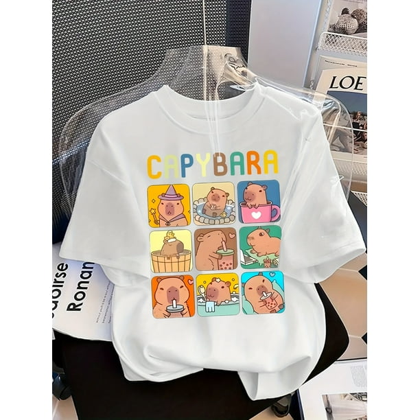 Camiseta holgada informal de verano para niña con estampado de carpincho. Camiseta negra transpirable con divertidas ilustraciones de animales. Lavable a máquina para uso diario en vacaciones. Camis
