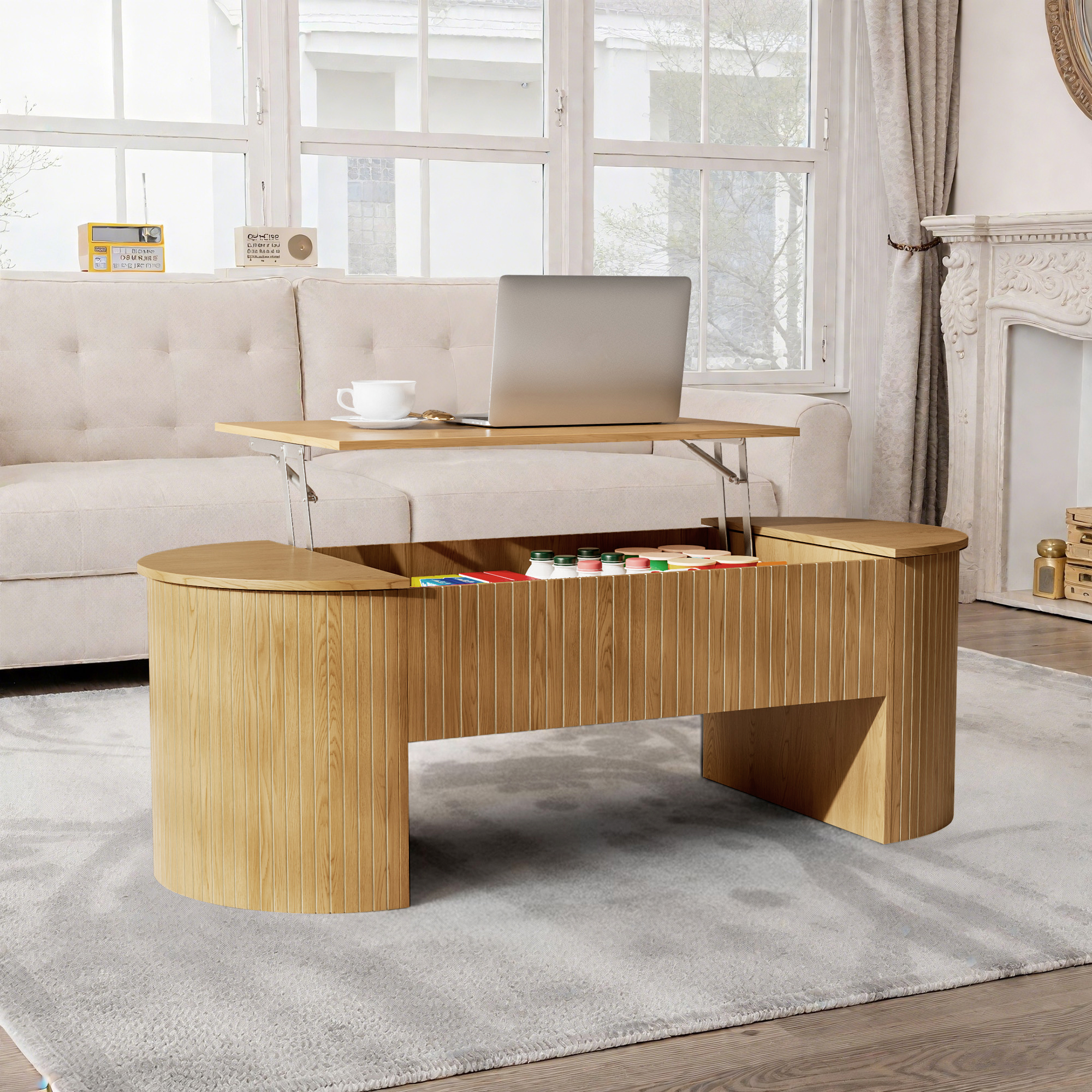 Lift Top Coffee Table with Storage, Oval Center Table with Hidden Compartment, Modern Coffee Table for Living Room, Wood