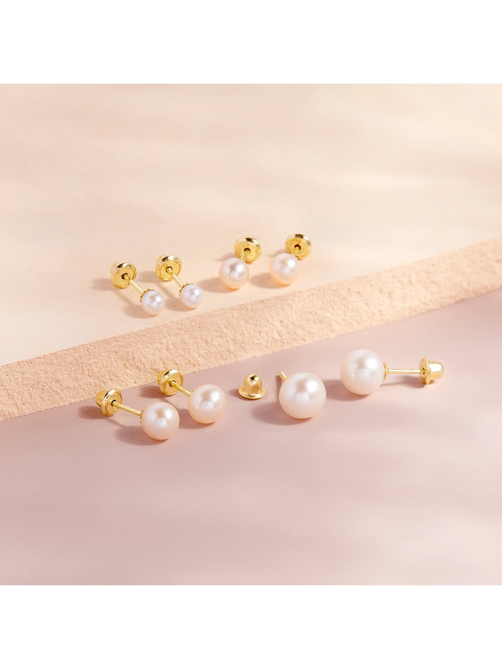 18k Yellow Gold Classic Cultured Pearl Safety Screw Back Earrings Kids Toddlers