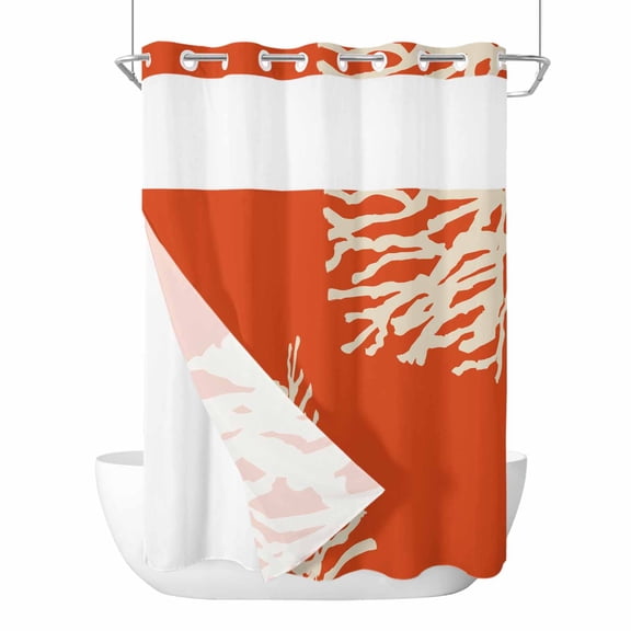 Coral Orange No Hook Shower Curtain Waterproof,Bathroom Curtains with Snap in Liners and See Through Top Window,Coastal White Ocean Marine Nautical Beach Hotel Style Bathtub Curtains Shower 48"Wx72"L