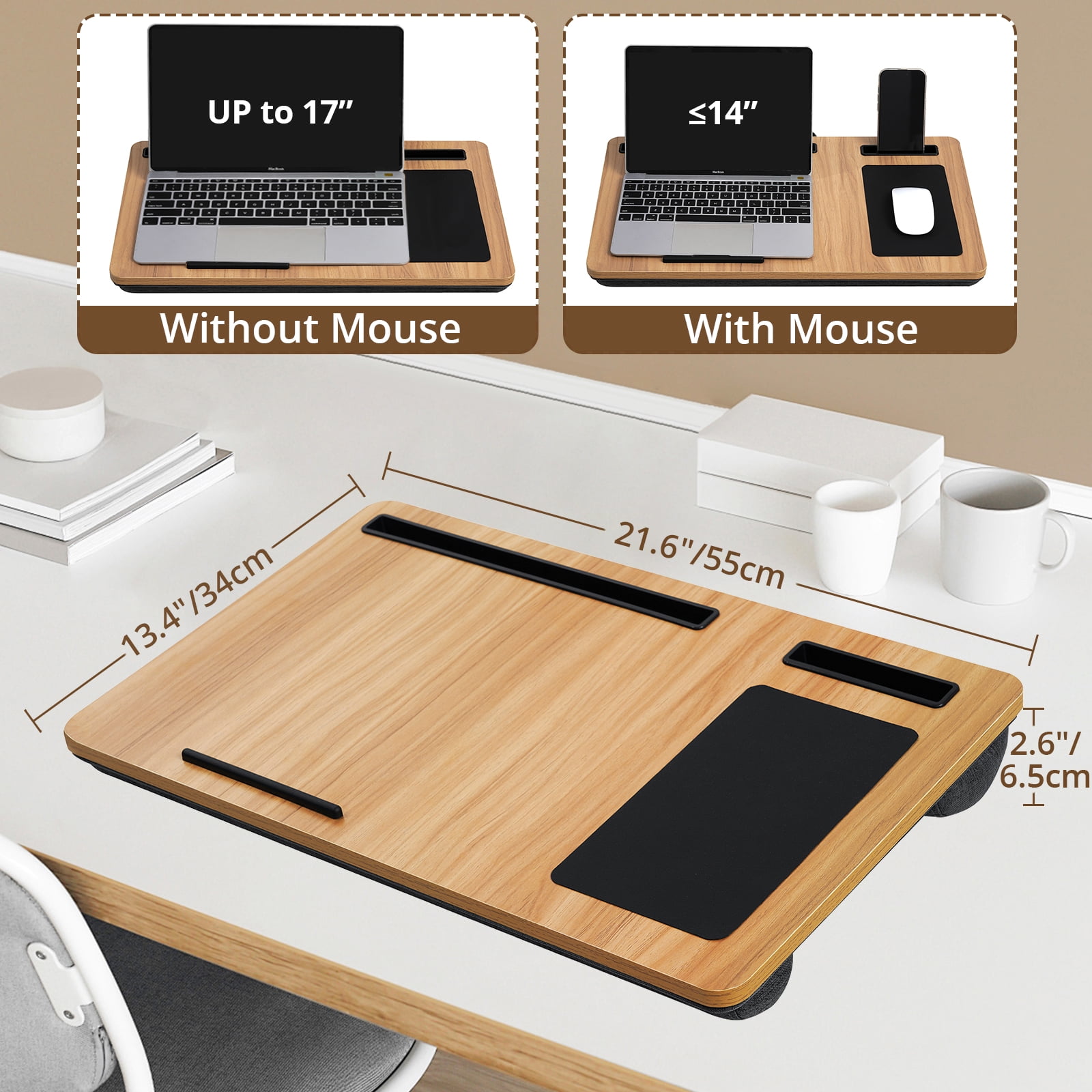 Lap Desk with Cushion, HONEIER Laptop Desk Fits up to 20 inch Laptop with Anti-Slip Strip, Mouse Pad Tablet & Phone Holder, Portable Laptop Tray with Handle, Lap Stand for Bed Home Office Students