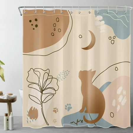 HVEST Boho Abstract Shower Curtain for Bathroom Funny Gold Cat and Floral Plant Minimalist Art Bathroom Shower Curtains with Hooks, Mid Century Geometric Bathroom Curtains Shower Set 72x78 inch