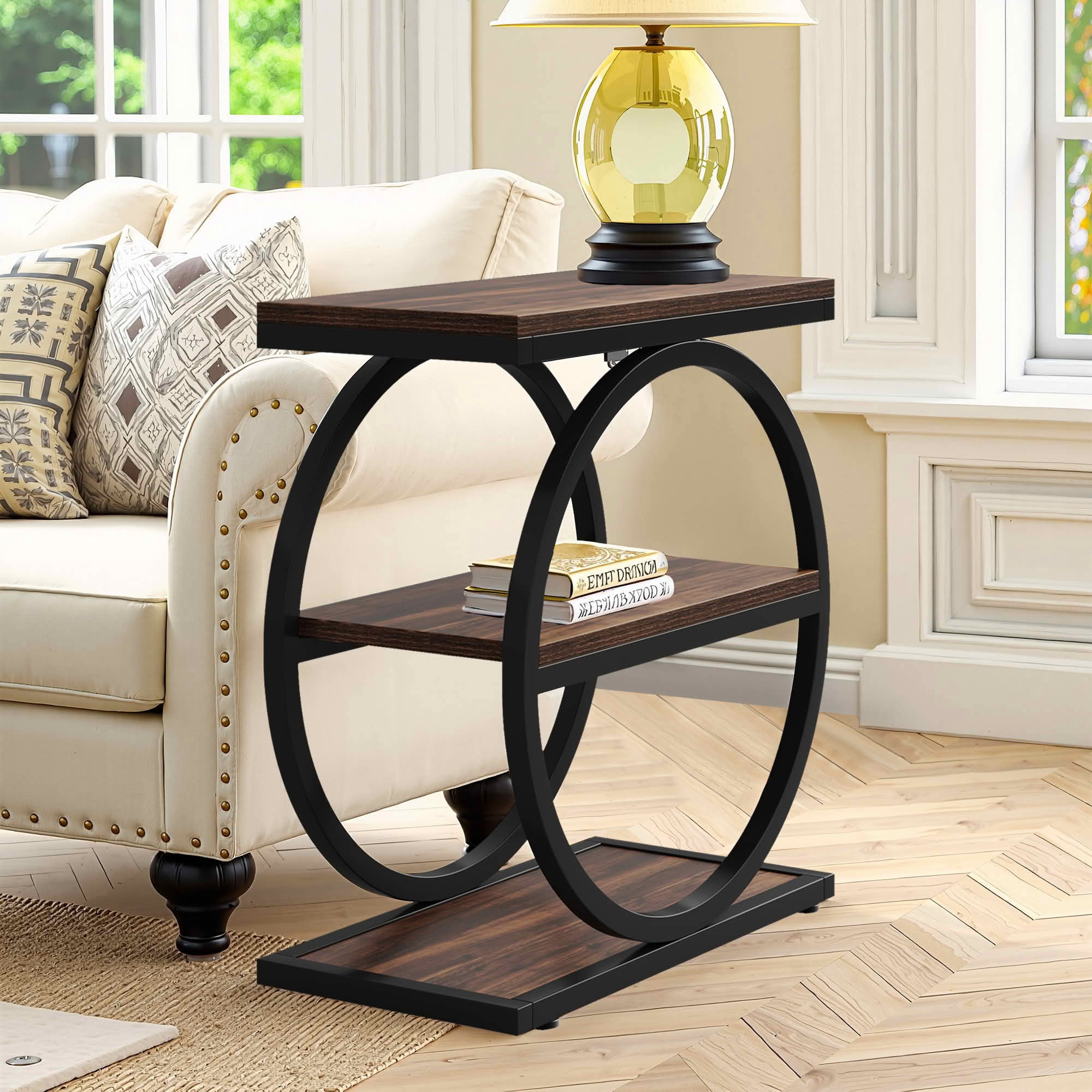 MAYEERTY 3-Tier Industrial End Side Table, E1 MDF Round Thick Metal Frame Storage Nightstand for Living Room Bedroom
