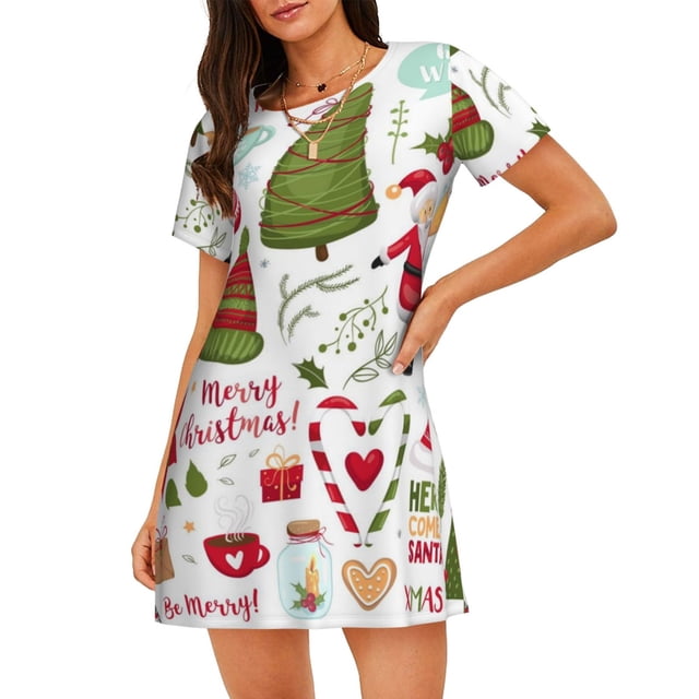 Easygdp Snowflakes Santa Claus Camisón de manga corta para mujer, informal, estampado