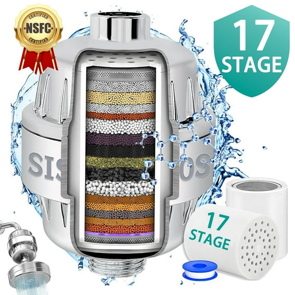 Shower Filter 17 Stage - High Output Shower Head Filter with 2 Replaceable Filter Cartridges - Universal Multi-Stage Shower Head Filter,Reduces Dry Skin