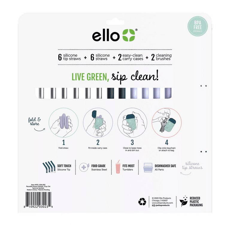 Ello Live Green, Sip Clean 8 Cocktail Straws 1 Cleaning Brush Reusable  Metallic