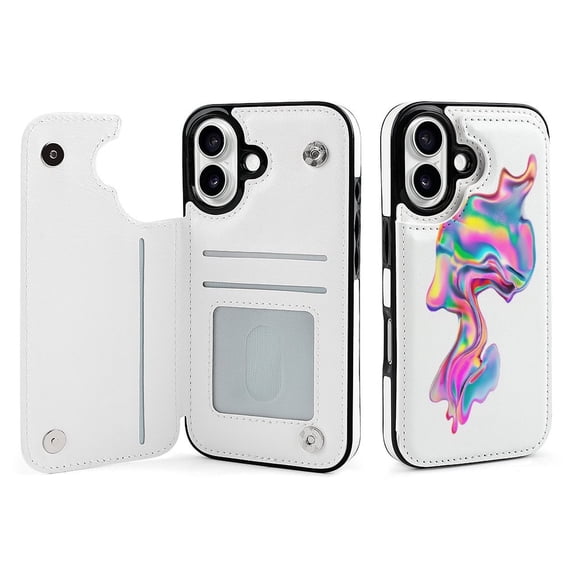 Compatible with iPhone 11 12 13 mini 14 15 16 Pro Max Plus Wallet Case with Card Holder, PU Leather Kickstand Card Slots Case ( Iridescent Chrome Fluid Shapes, iPhone 16)
