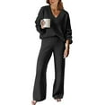 thumbnail image 4 of CILENON Loungewear Sets Woman Women's Spring And Autumn Leisure Loose Sleeve V Neck Top High Waist Wide Leg Pants Set 2 Piece Sweatshirt Loungewear for Travel Airplane Outfits (Black,XXL), 4 of 5