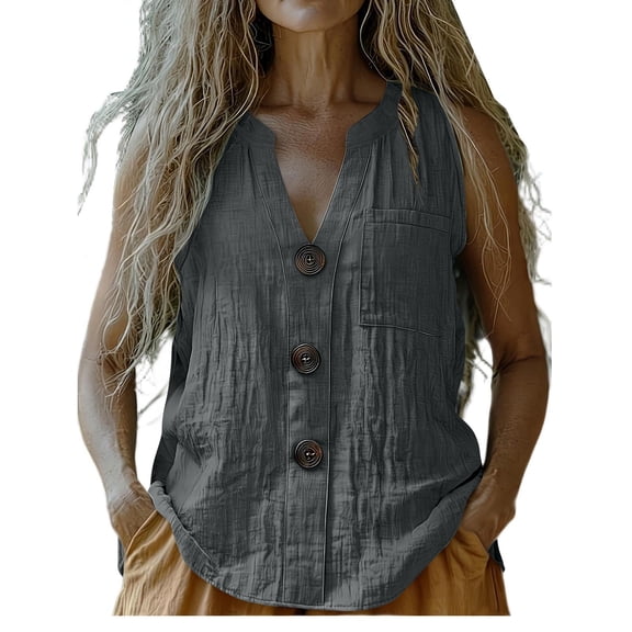 Yutgune Women's Button Down Linen Cotton Tank Top V Neck Sleeveless Casual Vest Shirt with Pocket
