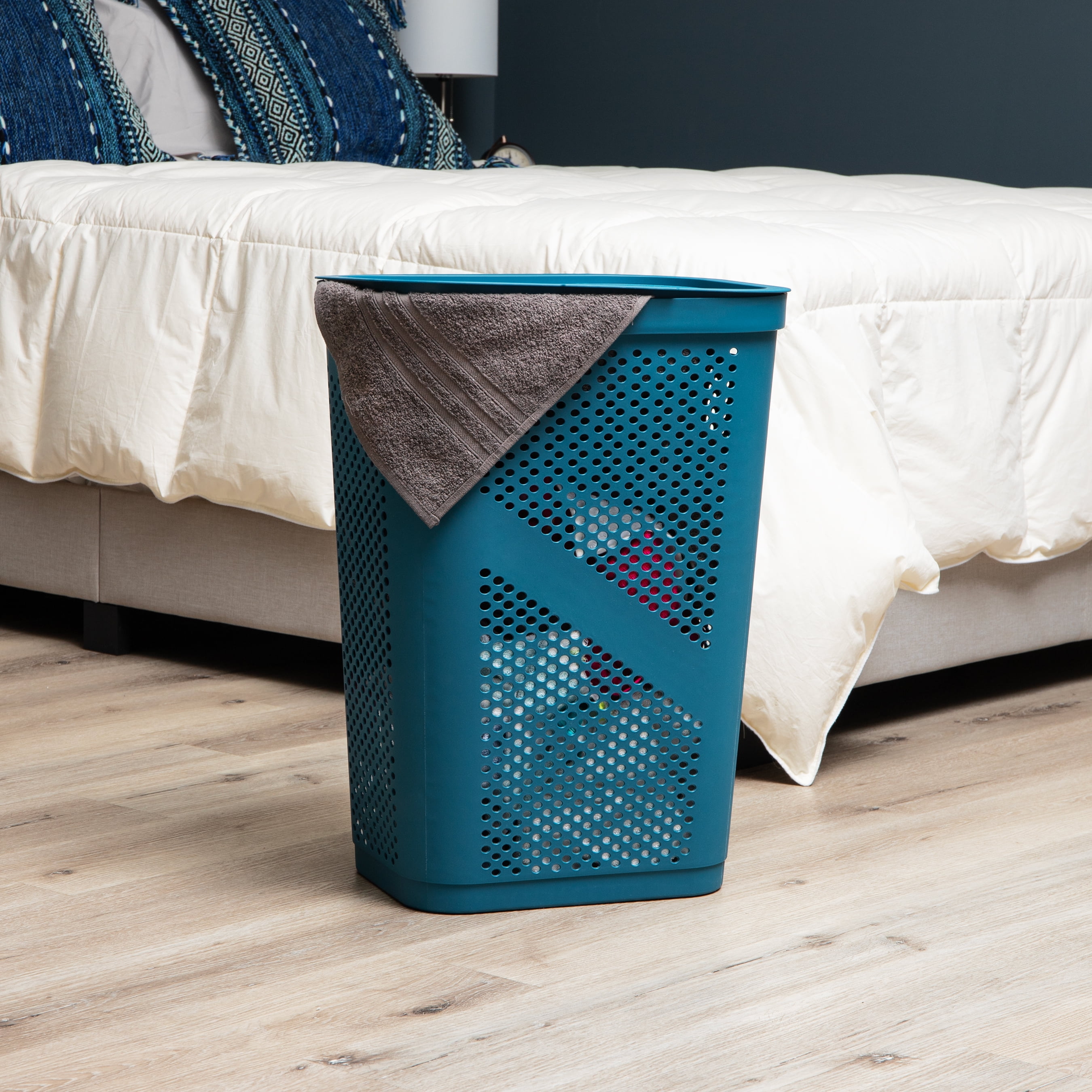 Mind Reader 60L Slim Laundry Hamper, Clothes Basket, Lid, Ventilated, Plastic, Set of 2, Blue