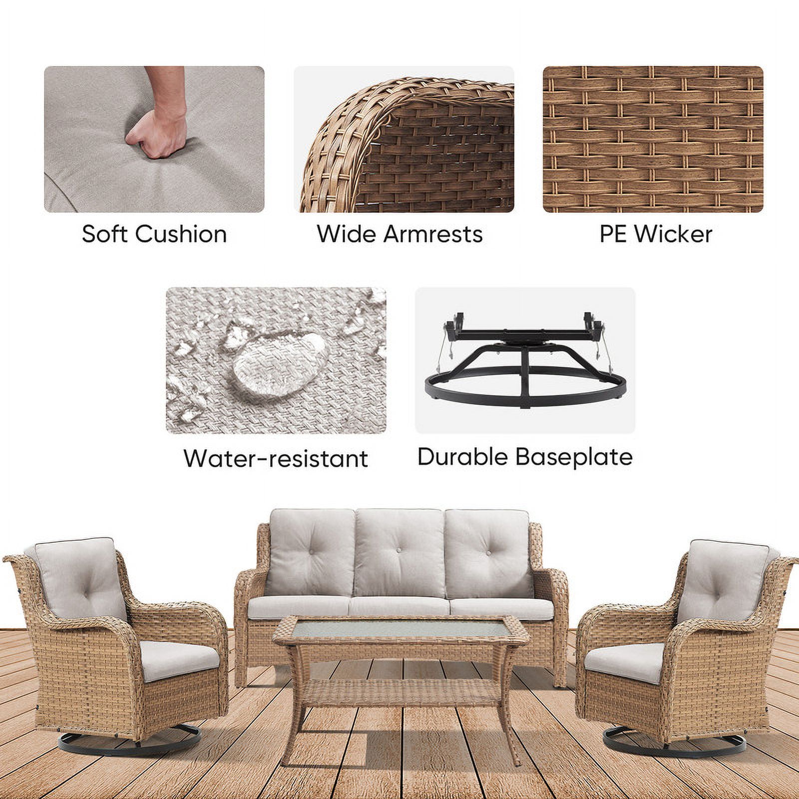 PARKWELL 4 Pieces Outdoor Patio Furniture Set Wicker Rattan Swivel Glider Chairs Cushioned Sofa Coffee Table All-Weather Conversation Sectional with Anti-Slip Cushions for Balcony