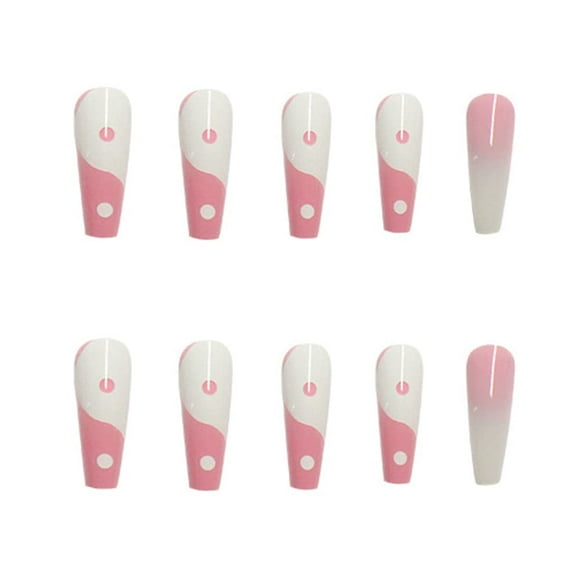 Pink Fake Nails Acrylic Glossy Chinese Design False Nails Prom TaiChi Nails Women's (24 pcs)