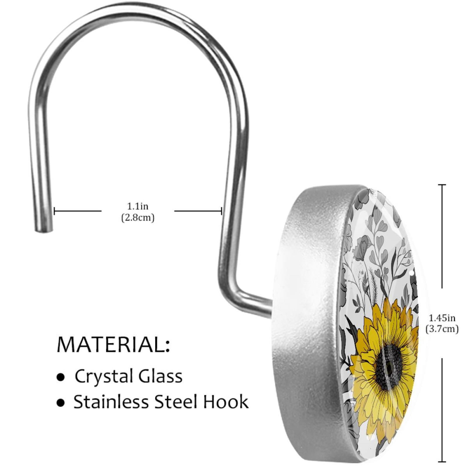 Sunflower Shower Curtain Hooks（Set of 12）for Home Hotel Shower Rods Bathroom Crystal Glass Print Stainless Steel Round Curtain Hooks