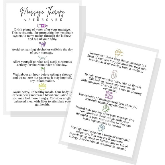Massage Therapy Aftercare Card  30 Pack  4x6" inch Postcard Size  Massage Therapist Supplies  White Card Design