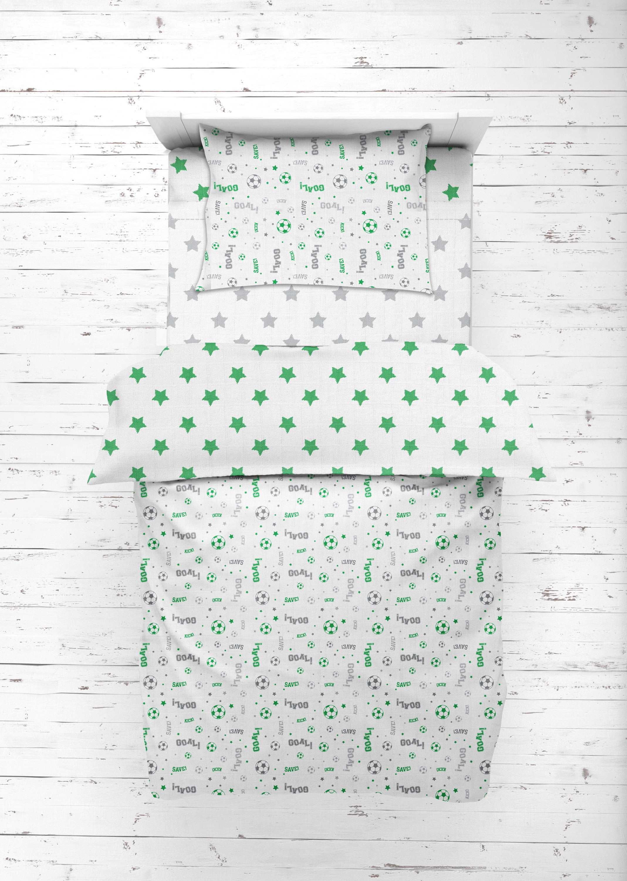 Bacati - Sports 100% Cotton breathable Muslin 3-Piece Toddler Bedding Sheet Set, Soccer Green/Grey