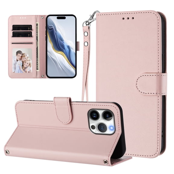 for iPhone 13 Pro Flip PU Leather Full Body Protective Wallet Case, Credit Card Slots Kickstand Non-Slip Lightweight Shockproof Wristband Lanyard TPU for Men Boys Women Girls Case, Pink