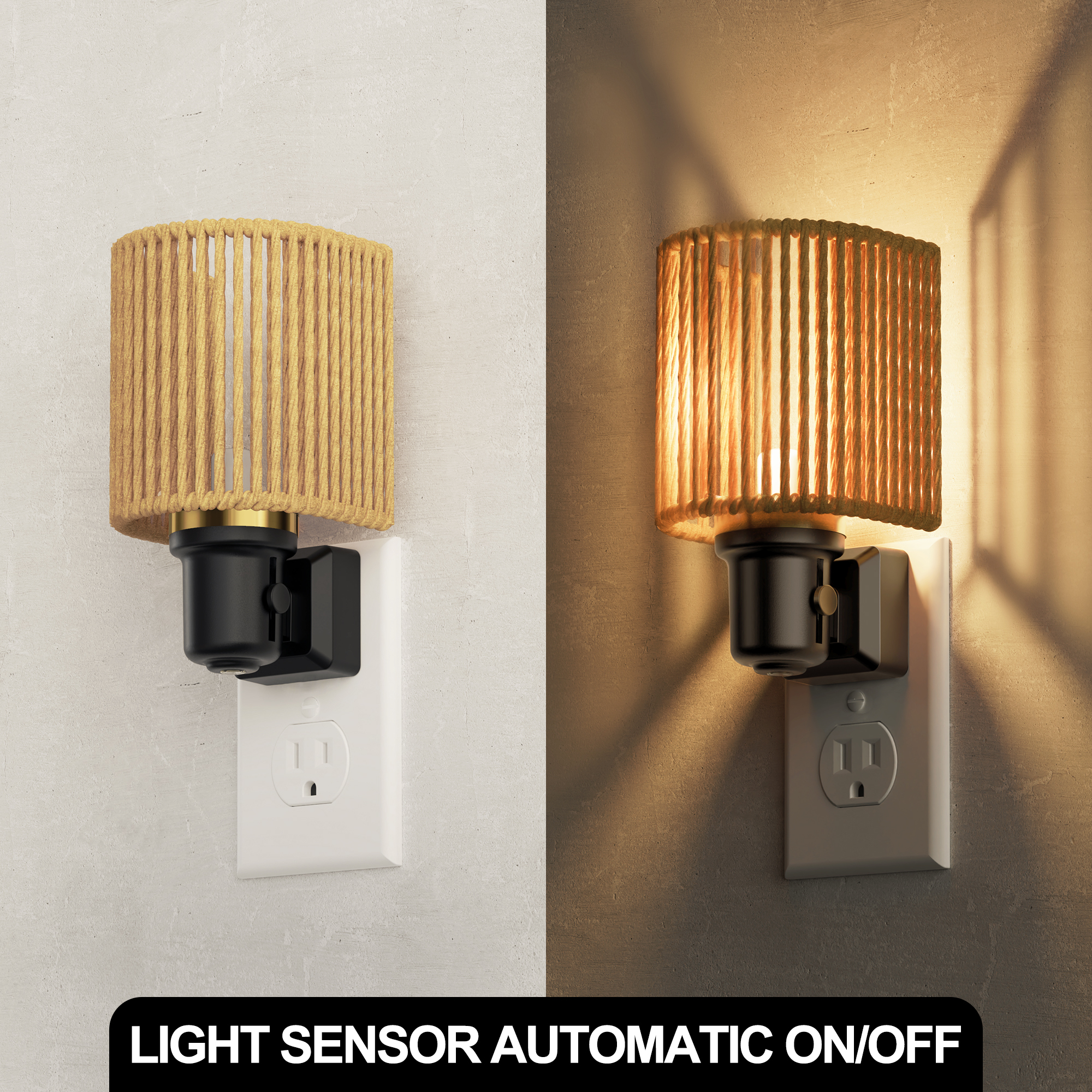 YANSUN 1 Pack Boho Plug in Night Light, Vintage Rattan Dimmable 3000K Decorative Nightlight with Light Sensor and Metal Ring for Bedroom Bathroom