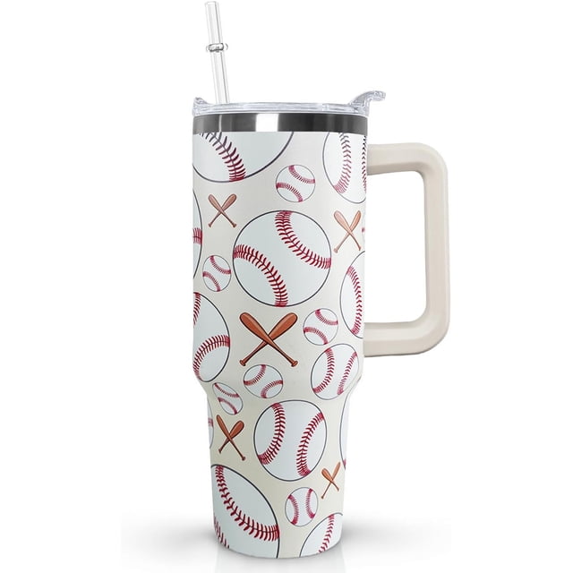 40 oz Baseball Coffee Mug Cup Vacuum Insulated Travel Tumbler with Handle Lid and Straw,Baseball Coach Gifts,Baseball Accessories Stuff