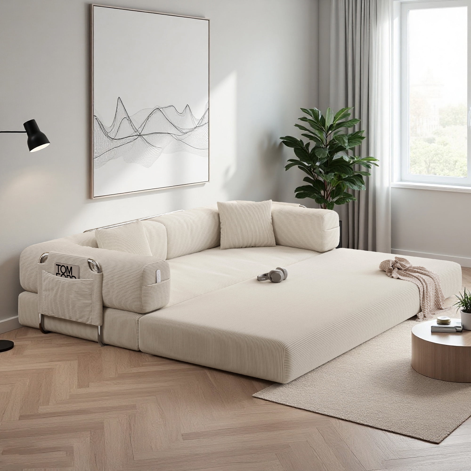 79" Convertible Sofa Bed ,CARZZI LIFE Compressed Floor Boneless Couch Modular Corduroy Sleeper Sofa, Folding Mattress Couch for Small Spaces - No Assembly Needed in Beige with Storge