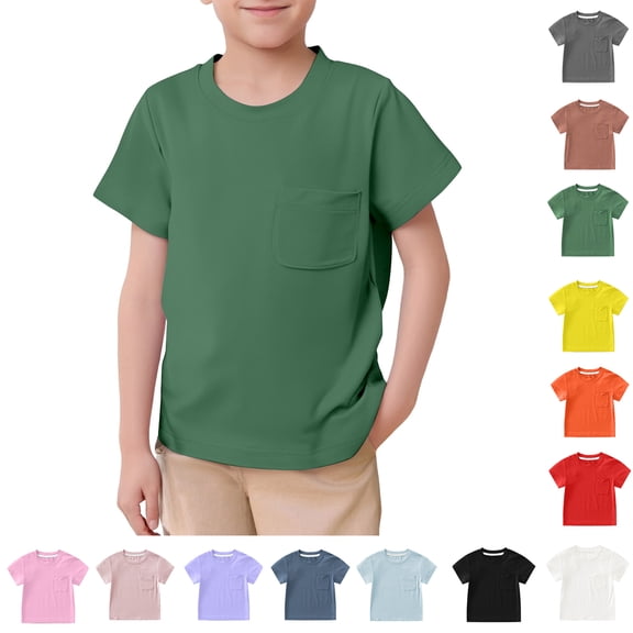 Kids Unisex Basic Short Sleeve Solid Color T Shirts Pocket Tee Crew Neck Shirt Boys Lightweight T Shirt Classic Tee Tops For Age 4-5 Years