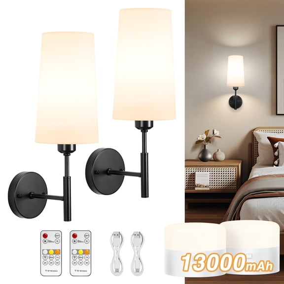 Battery Operated Wall Sconce Set of Two,13000mAh Wall Sconces, Rechargeable Wall Sconce With Remote,Dimmable Wireless Battery Powered Wall Lamp Decor For Bedroom Living Room,Black