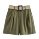 thumbnail image 3 of HH TRAF Pantalones cortos de lino elegantes de cintura alta con cinturón para mujer, ropa de verano, estilo retro, color verde militar, 3 of 5