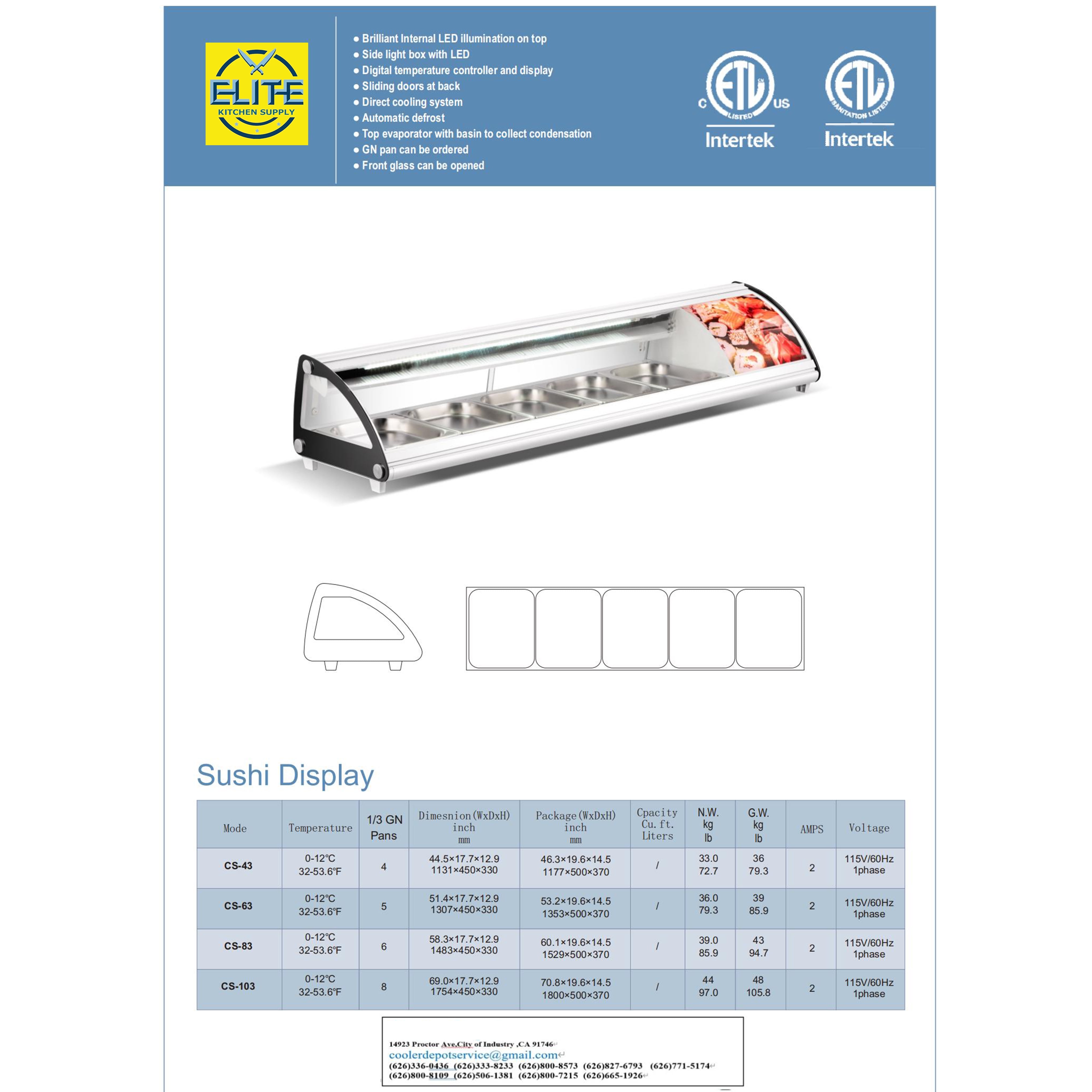 51'' Refrigerated Sushi Display Cooler Case Countertop 5 Pan Commercial Sushi Refrigerator